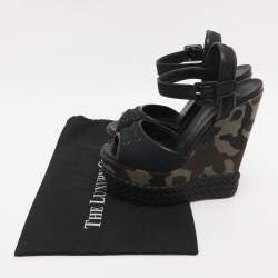 Pre Owned Giuseppe Zanotti Black Canvas And Leather Camouflage Platform Wedge Sandals Size 37