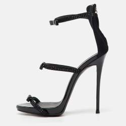 Pre Owned Giuseppe Zanotti Black Suede and Patent Leather Bow Harmony Ankle Strap Sandals Size 36
