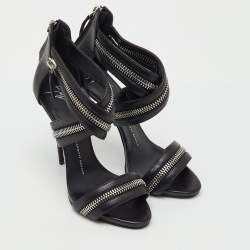 Pre Owned Giuseppe Zanotti Black Leather Zipper Ankle Strap Sandals Size 38