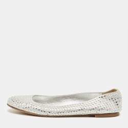 Pre Owned Giuseppe Zanotti Silver Crystals and Leather Ballet Flats Size 39