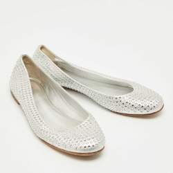Pre Owned Giuseppe Zanotti Silver Crystals and Leather Ballet Flats Size 39
