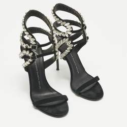 Pre Owned Giuseppe Zanotti Black Suede Crystal Embellished  Ankle Strap Sandals Size 39