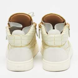 Pre Owned Giuseppe Zanotti Cream/White Croc Embossed and Leather High Top Sneakers Size 38
