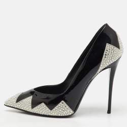 Pre Owned Giuseppe Zanotti Black Patent Leather and Suede Crystal Embellished Pointed Toe Pumps Size 38