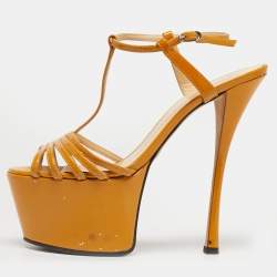 Pre Owned Giuseppe Zanotti Yellow Patent Leather T-Strap Platform Sandals Size 37