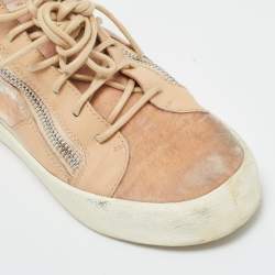 Pre Owned Giuseppe Zanotti Pink/Beige Leather and Patent Leather Mid Top Sneakers Size 37.5