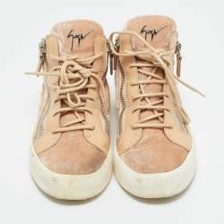 Pre Owned Giuseppe Zanotti Pink/Beige Leather and Patent Leather Mid Top Sneakers Size 37.5