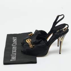Pre Owned Giuseppe Zanotti Black Satin Bow Crystal Embellish Slingback Sandals Size 37.5