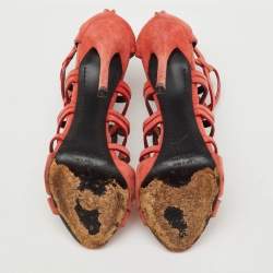 Pre Owned Giuseppe Zanotti Peach Orange Suede Cut Our Caged Ankle Strap Sandals Size 38