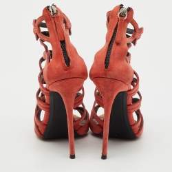 Pre Owned Giuseppe Zanotti Peach Orange Suede Cut Our Caged Ankle Strap Sandals Size 38