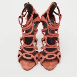 Pre Owned Giuseppe Zanotti Peach Orange Suede Cut Our Caged Ankle Strap Sandals Size 38