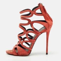 Pre Owned Giuseppe Zanotti Peach Orange Suede Cut Our Caged Ankle Strap Sandals Size 38