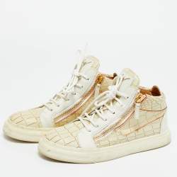 Pre Owned Giuseppe Zanotti Beige/White Croc Embossed and Leather Kriss High Top Sneakers Size 37