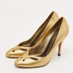 Pre Owned Giuseppe Zanotti Metallic Gold Lizard Embossed Leather Cut Out Pumps Size 37.5