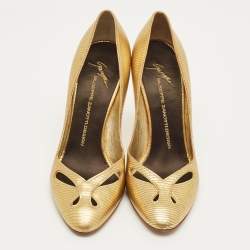 Pre Owned Giuseppe Zanotti Metallic Gold Lizard Embossed Leather Cut Out Pumps Size 37.5
