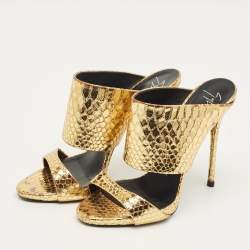 Pre Owned Giuseppe Zanotti Gold Python Embossed Leather Andrea Slide Sandals Size 40