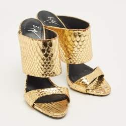 Pre Owned Giuseppe Zanotti Gold Python Embossed Leather Andrea Slide Sandals Size 40