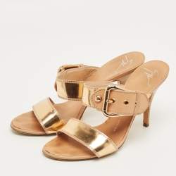 Pre Owned Giuseppe Zanotti Gold Leather Buckle Slide Sandals Size 39.5