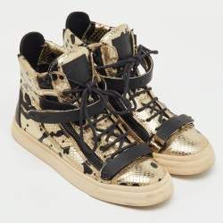 Pre Owned Giuseppe Zanotti Gold/Black Python Embossed Leather Coby High Top Sneakers Size 39