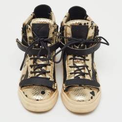 Pre Owned Giuseppe Zanotti Gold/Black Python Embossed Leather Coby High Top Sneakers Size 39