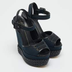 Pre Owned Giuseppe Zanotti Navy Blue/Black Canvas and Leather Ankle Strap Wedge Sandals Size 36
