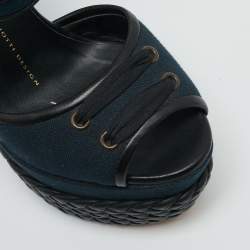 Pre Owned Giuseppe Zanotti Navy Blue/Black Canvas and Leather Ankle Strap Wedge Sandals Size 36