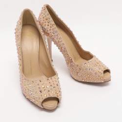 Pre Owned Giuseppe Zanotti Beige Suede Crystal Embellished Peep Toe Pumps Size 40