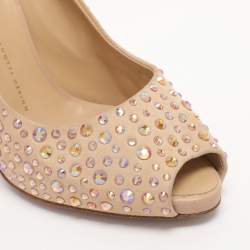 Pre Owned Giuseppe Zanotti Beige Suede Crystal Embellished Peep Toe Pumps Size 40