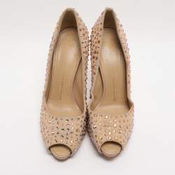 Pre Owned Giuseppe Zanotti Beige Suede Crystal Embellished Peep Toe Pumps Size 40