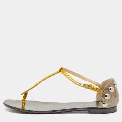 Pre Owned Giuseppe Zanotti Metallic Yellow/Grey Python Embossed Leather Flat Thong Sandals Size 36
