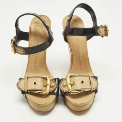 Pre Owned صندل بكعب إسفين وبحزام للكاحل جوسيبي زانوتي جلد أسود وجلد براءات اختراع مقاس 38