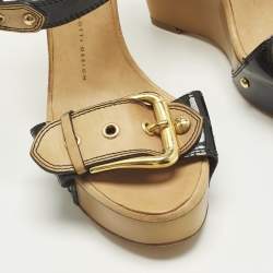 Pre Owned صندل بكعب إسفين وبحزام للكاحل جوسيبي زانوتي جلد أسود وجلد براءات اختراع مقاس 38