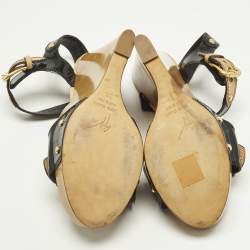 Pre Owned صندل بكعب إسفين وبحزام للكاحل جوسيبي زانوتي جلد أسود وجلد براءات اختراع مقاس 38