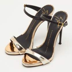 Pre Owned Giuseppe Zanotti Size 34.5 Metallic/Black Foil Leather Sandals