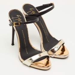 Pre Owned Giuseppe Zanotti Size 34.5 Metallic/Black Foil Leather Sandals