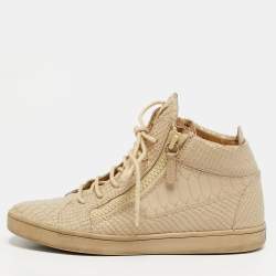 Pre Owned Giuseppe Zanotti Kriss Size 38.5 Beige Croc Embossed Leather Lace Up Sneakers
