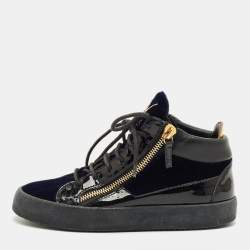 Pre Owned Giuseppe Zanotti Size 38 Navy Blue/Black Patent Leather and Velvet High Top Sneakers