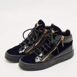 Pre Owned Giuseppe Zanotti Size 38 Navy Blue/Black Patent Leather and Velvet High Top Sneakers