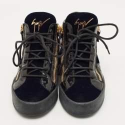 Pre Owned Giuseppe Zanotti Size 38 Navy Blue/Black Patent Leather and Velvet High Top Sneakers