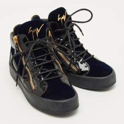 Pre Owned Giuseppe Zanotti Size 38 Navy Blue/Black Patent Leather and Velvet High Top Sneakers