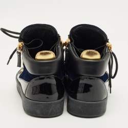Pre Owned Giuseppe Zanotti Size 38 Navy Blue/Black Patent Leather and Velvet High Top Sneakers