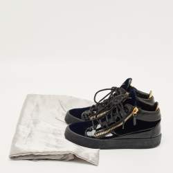 Pre Owned Giuseppe Zanotti Size 38 Navy Blue/Black Patent Leather and Velvet High Top Sneakers