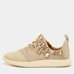 Pre Owned Giuseppe Zanotti May London Size 38 Beige Mesh and Suede Crystal Embellished Sneakers