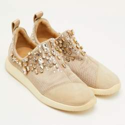 Pre Owned Giuseppe Zanotti May London Size 38 Beige Mesh and Suede Crystal Embellished Sneakers