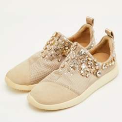 Pre Owned Giuseppe Zanotti May London Size 38 Beige Mesh and Suede Crystal Embellished Sneakers