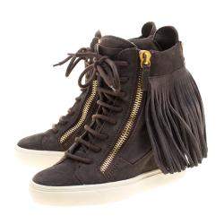 Giuseppe Zanotti Grey Suede Lorenz Fringe Wedge Sneakers Size 37