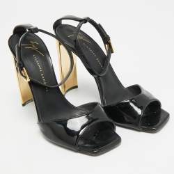 Pre Owned Giuseppe Zanotti Size 36 Black/Gold Patent Leather Ankle Strap Sandals