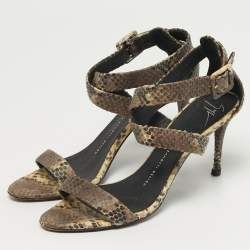 مملوكة مسبقًا Giuseppe Zanotti Size 38.5 Brown Snakeskin Embossed Leather Ankle Strap Sandals