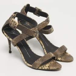 مملوكة مسبقًا Giuseppe Zanotti Size 38.5 Brown Snakeskin Embossed Leather Ankle Strap Sandals