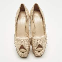 مملوكة مسبقًا Giuseppe Zanotti Size 38.5 Beige Suede Crystal Embellished Liza Peep Toe Pumps